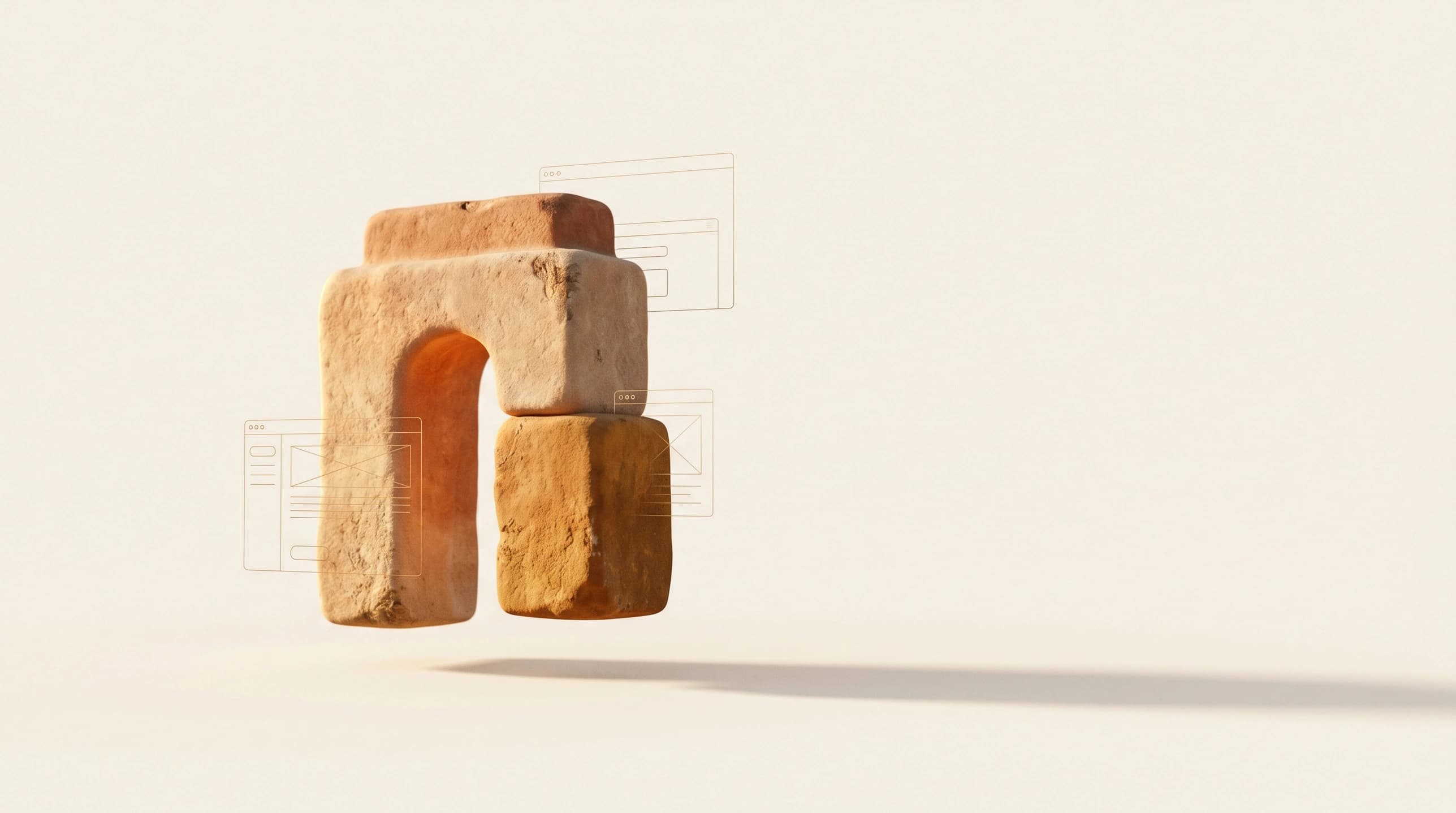 Arche de pierre évoquant une bastide, entourée de fenêtres de sites web en filigrane